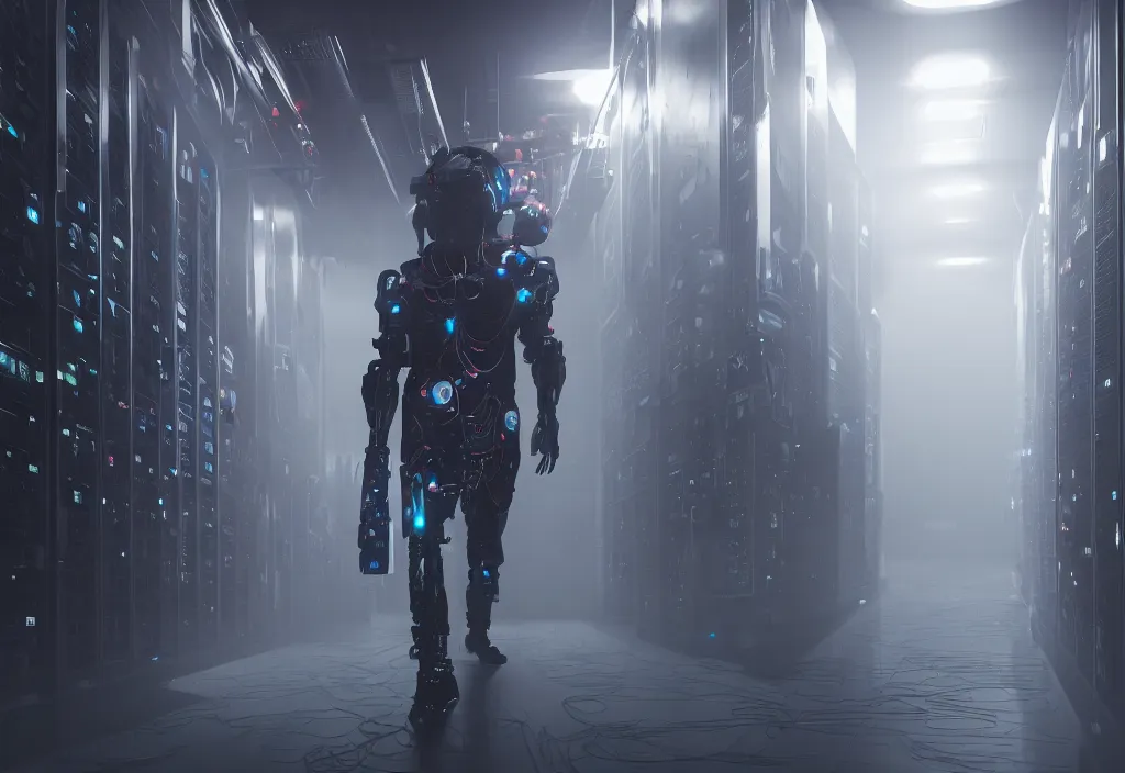 Image similar to art by vincent lefevre, shot of film cyborg walking in server room, data center character design, altermodern, synthwave, matte painting, trending on artstation, volumetric lighting, dramatic lighting, extreamly detailed, cinemaitc, octane