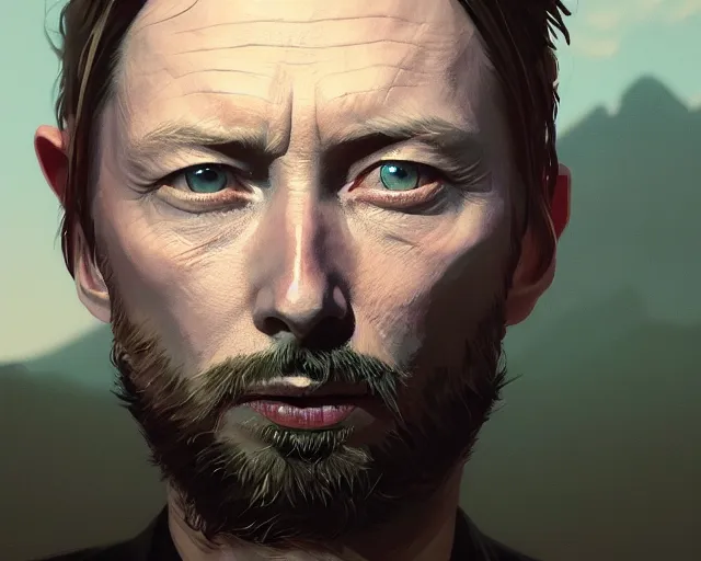 Image similar to highly detailed portrait of thom yorke, in gta v, stephen bliss, unreal engine, fantasy art by greg rutkowski, loish, rhads, ferdinand knab, makoto shinkai and lois van baarle, ilya kuvshinov, rossdraws, tom bagshaw, global illumination, radiant light, detailed and intricate environment