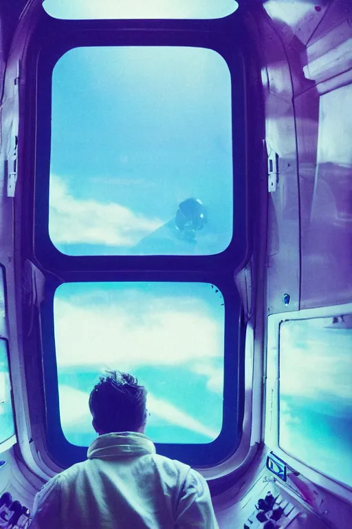 Image similar to agfa vista 4 0 0 photograph of a guy in a spaceship looking out a window into space, back view, synth vibe, vaporwave colors, lens flare, moody lighting, moody vibe, telephoto, 9 0 s vibe, blurry background, grain, tranquil, calm, faded!,