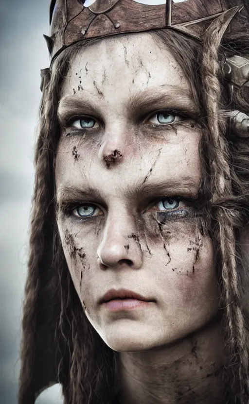 Image similar to photorealistic 3/4 portrait of beautiful female viking warrior with large sad gray eyes, dirty skin