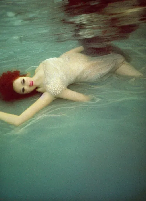 Prompt: lady laying under the sea on the seabed amongst the weeds, underwater shot, submerged, medium shot, on the bed of the river preraphaelite colour photography, 8 k