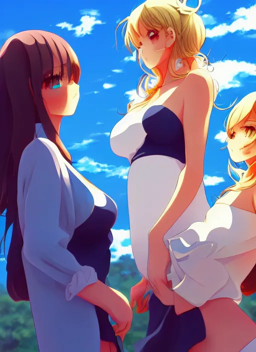 Prompt: two beautiful mothers under a blue sky, summer clothes, gorgeous faces, thick lines, cinematic lighting, detailed anime art