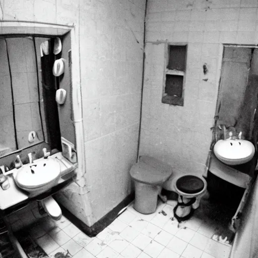 Image similar to a wide angle 3 5 mm film photography of a dirty cluttered bathroom somewhere in eastern europe, evocating a feeling of child wonder and endless possibilities