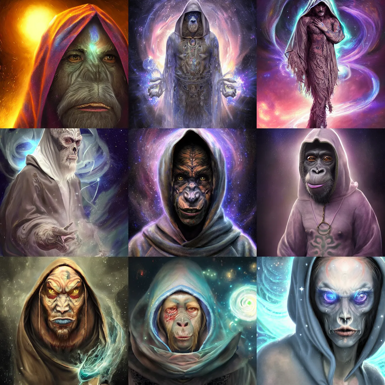 Image similar to a wlop 3 d render of very very very very highly detailed beautiful mystic portrait of a ghost toxic ape hooded mage with whirling galaxy around, tattoos by anton pieck, intricate, extremely detailed, digital painting, artstation, concept art, smooth, sharp focus, illustration, intimidating lighting, incredible art,