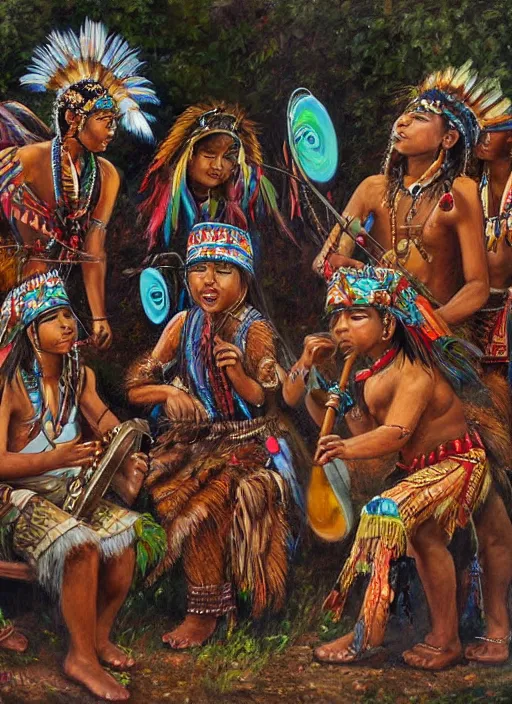 Prompt: a realistic painting of indigenous people playing music, highly detailed, fantasy art