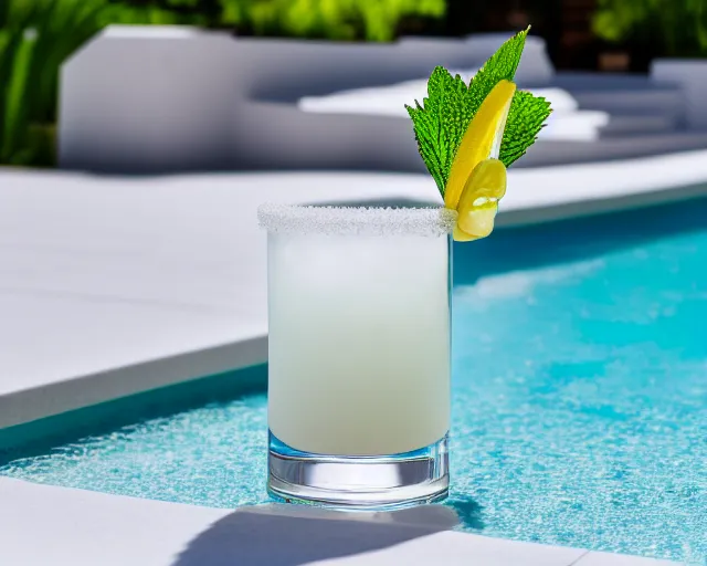 Prompt: 5 5 mm photo of white cocktail on a zen minimalist white table with luxury pool in the background. highly detailed 8 k. intricate. lifelike. soft light,