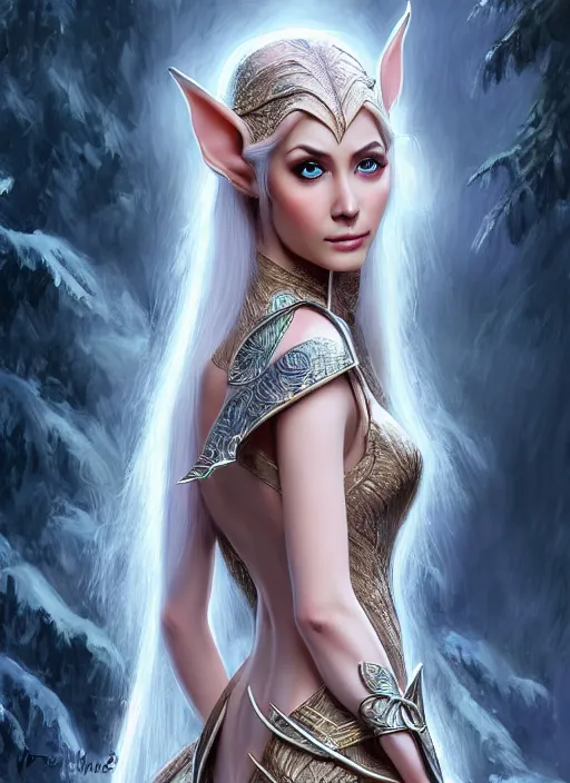 Image similar to photo of a gorgeous young elven woman at a glamorous elven dress in the style of stefan kostic, realistic, sharp focus, 8 k high definition, insanely detailed, intricate, elegant, art by stanley lau and artgerm