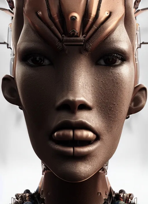 Image similar to beautiful portrait of an alien cyborg, style of Feng Zhu, Artstation geometric, aesthetic, smooth skin, unique features, symmetrical, intricate crown, high fashion, streetwear, cyberpunk, detailed, octane render, cinematic, 8k, brown skin, full lips,