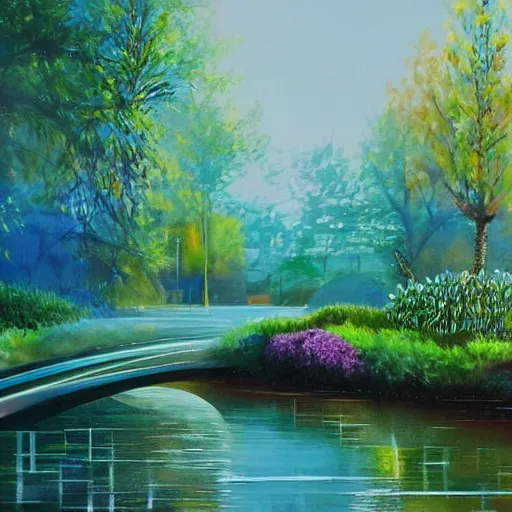 Image similar to Cosy water in city of the future in harmony with nature. Nice colour scheme, soft warm colour. Beautiful detailed painting by Lurid. (2022)