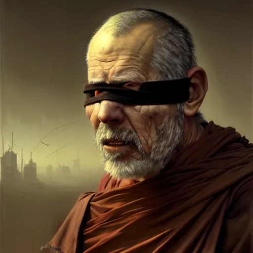 Image similar to portrait painting of a post - apocalyptic older american man blindfolded and wearing monk garbs with a scrap pauldron, ultra realistic, concept art, intricate details, eerie, highly detailed, photorealistic, octane render, 8 k, unreal engine. art by artgerm and greg rutkowski and charlie bowater and magali villeneuve and alphonse mucha