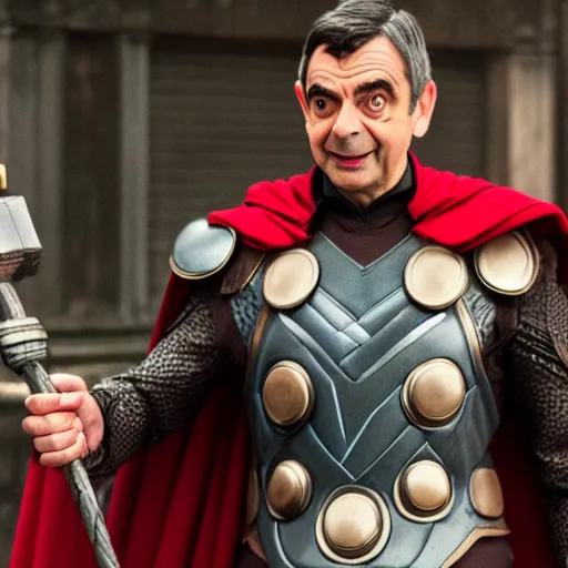 Image similar to film still of Mr Bean as Thor in Avengers Endgame