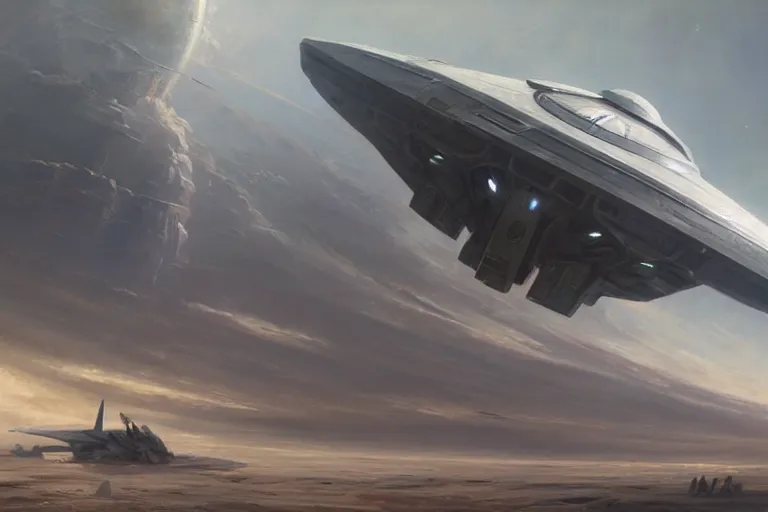 Image similar to hyper realistic sci - fi matte concept art painting of a starship above earth, beautiful details, strong composition painted by kim jung guweta studio rutkowski, james gurney and greg rutkowski, and lucasfilm, smooth, intricate, detailed, sharp focus, cinematic