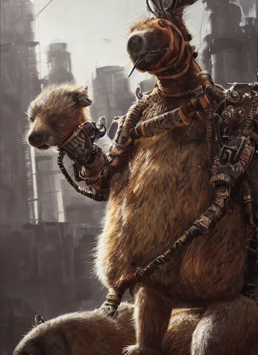 Image similar to detailed full body concept art illustration oil painting of an anthropomorphic capybara mad max in full intricate clothing, biomutant, dystopian, ultra detailed, digital art, octane render