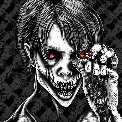 Prompt: highly detailed resident evil zombie reaching hand out blood from mouth eyes blacked out background dark atmosphere junji ito austen mengler