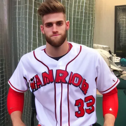 Image similar to “a realistic detailed photo of a guy who is an attractive humanoid who is half robot and half humanoid, who is a male android, baseball player Bryce Harper, shiny skin, posing like a statue, blank stare”