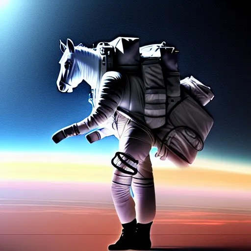 Image similar to an astronaut carrying a heavy backpack in form of horse, concept art, fantasia photo