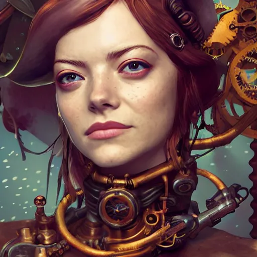 Image similar to underwater steampunk pirate portrait of emma stone, hyper detailed, digital art, trending in artstation, cinematic lighting, studio quality, smooth render, unreal engine 5 rendered, octane rendered, art style by klimt and nixeu and ian sprigger and wlop and krenz cushart.