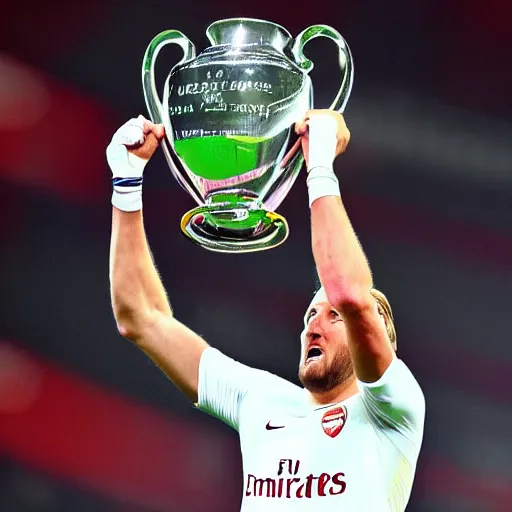 Prompt: harry kane lifting the uefa champions league as an arsenal player, photorealistic, sports photo, dramatic, sharp focus, extreme detail, night