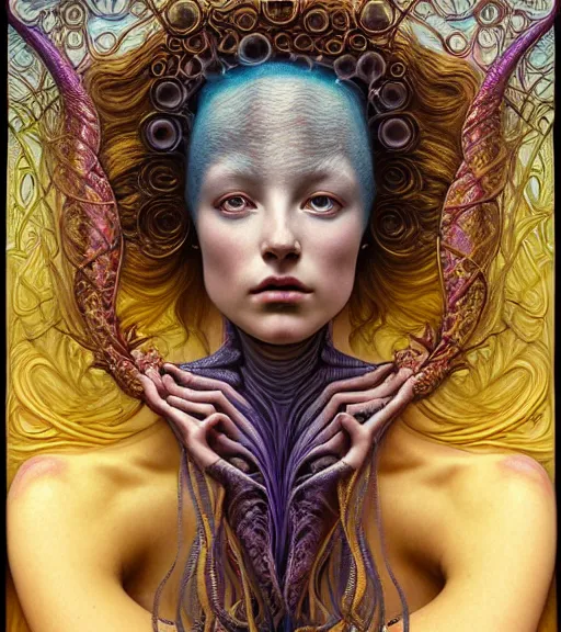 Image similar to detailed realistic beautiful young groovypunk queen of andromeda galaxy in full regal attire. face portrait. art nouveau, symbolist, visionary, baroque, giant fractal details. horizontal symmetry by zdzisław beksinski, iris van herpen, raymond swanland and alphonse mucha. highly detailed, hyper - real, beautiful