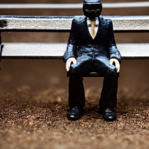 Image similar to macro photography of a tiny plastic depressed man in a suit, sitting on a bench with his cat, 3 5 mm macro shot,