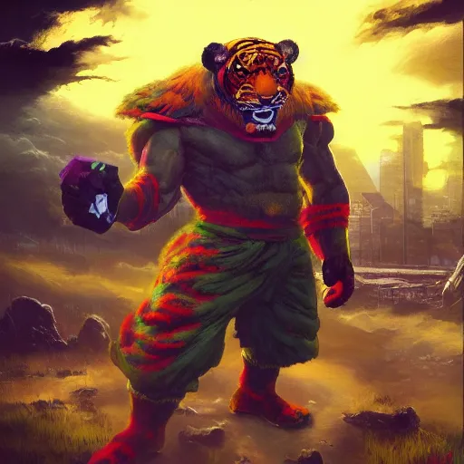 Image similar to crisp defined Man Streetfighter Dude wearing Tiger Costume standing atop dumpster greg danton tony sart raymond swanland chris foss chris cold christophe young acrylic 4k artstation wikiart wikipedia realism tilt-shift