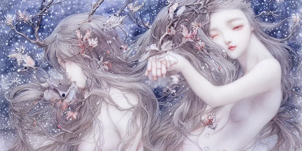 Image similar to breathtaking delicate detailed concept art winter creatures, by miho hirano, bizarre compositions, exquisite detail, pastel colors, 8 k