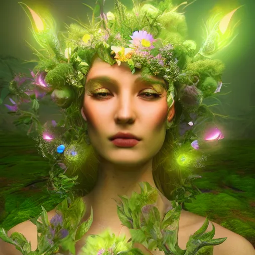 Prompt: flower goddess, concept character, beautiful, stunning, green mist, radiating power, energy, god rays, luminescence, fractal, unreal engine, 8 k