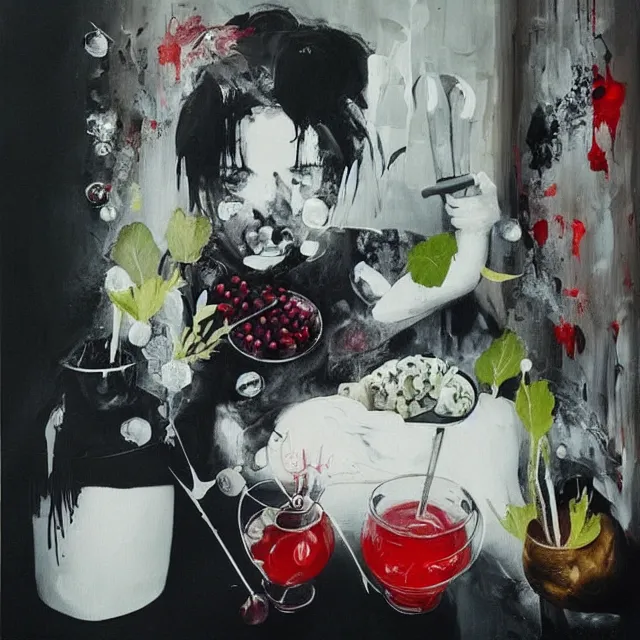 Prompt: “ a portrait in a female art student ’ s apartment, sensual, a pig theme, a car crash silver car broken glass, art supplies, surgical iv drip, ikebana, herbs, a candle dripping white wax, squashed berries, berry juice drips, acrylic and spray paint and oilstick on canvas, surrealism, neoexpressionism ”