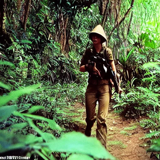 Prompt: film still, close up, emma watson soldier hiking through dense vietnam jungle, mist, film still from apocalypse now ( 1 9 7 9 ), 2 6 mm, kodak ektachrome, blue tint ektachrome film,