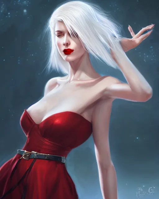 Image similar to tall girl, white hair, white dress, red lips, red belt, long hair, deep focus, d & d, fantasy, sophisticated, elegant, high detail, digital painting, artstation, concept art, matte, clear focus, illustration, hearthstone, art by artgerm and greg rutkowski, fuji choco, victoria gavrilenko and hoang lep