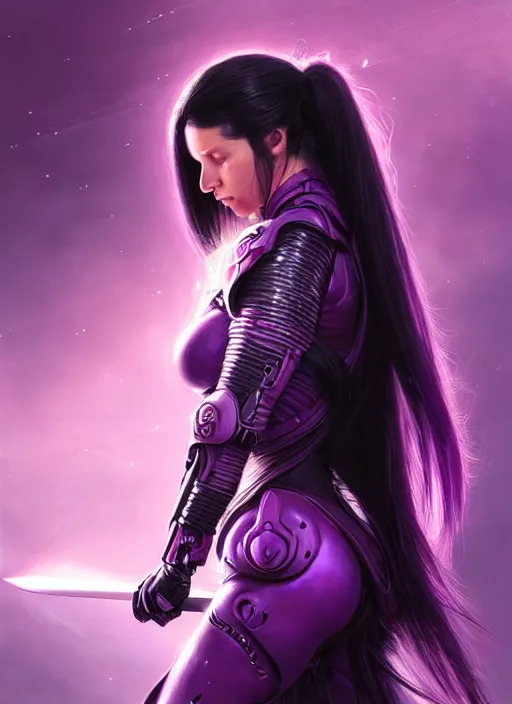 Image similar to portrait of a woman with long black hair in a ponytail, in sci - fi armor, platemail, close fitting, holding a katana made of purple energy, intricate, elegant, glowing lights, highly detailed, digital painting, artstation, concept art, smooth, sharp focus, illustration, art by wlop, mars ravelo and greg rutkowski