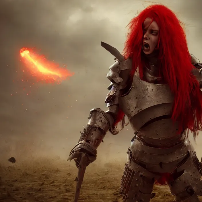 Prompt: a girl with a long red hair wearing a full-body red plate armor screaming in a battlefield, horror picture, hyperrealistic, concept art, octane render, unreal engine 5, 8K HDR, highly detailed, high quality, fantasy armor