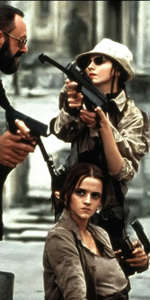 Prompt: Emma Watson and Jean Reno in Leon The Professional holding guns