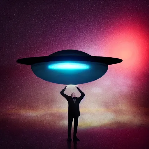 Image similar to Red-Square-Shaped UFO Spaceship Above a Man standing