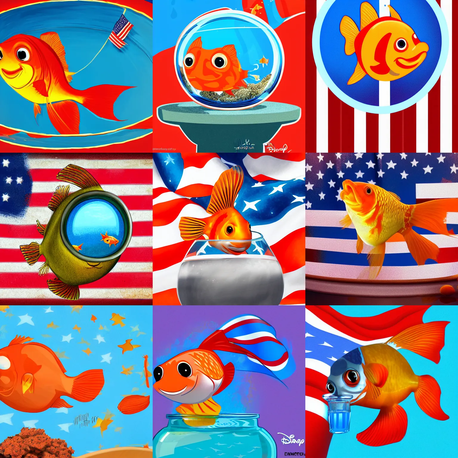 Prompt: a smug goldfish in his fish bowl, holding an american flag in his fins, high quality, detailed, digital art, 4 k, trending on artstation, prize winning, disney style. illustration