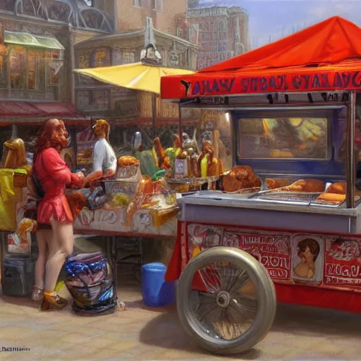 Prompt: Hot-dog stand seller, fantasy D&D, portrait art by Donato Giancola and James Gurney, digital art, trending on artstation