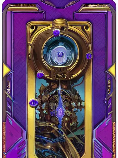 Image similar to Boardgame card back, sci-fi, horror, cyberpunk, ornamental edges, sharp, intricate, symmetrical, Lovecraftian, purple, gold, black and blue, tzeentch, by greg rutkowski and alphonse mucha, 8k, trending on artstation