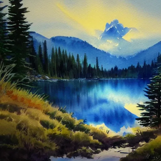 Image similar to alpine lake. bautiful sunrise. watercolor. trending on artstation