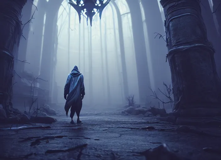 Prompt: character and environment design, arcanist walking through a magic portal to another world, tattered!!! robe and hood, blue light, fog, scary, arrogant, hostile, photorealistic, cinematic, hyper realistic, octane render, 8 k, wide angle