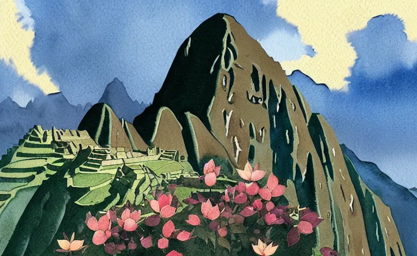 Prompt: a realistic and atmospheric watercolor from howl's moving castle ( 2 0 0 4 ) of a witch in lotus position in machu pichu. very dull muted colors, hd, 4 k, hq