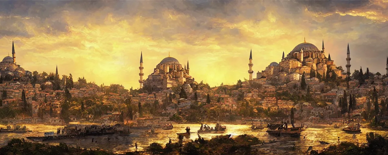 Image similar to a beautiful oil painting of medieval istanbul with ottoman people scenery landscape, lord of the rings,, rule of thirds, sunset, highly detailed, perfect lighting, perfect composition, 4 k, artgerm, derek zabrocki, greg rutkowski