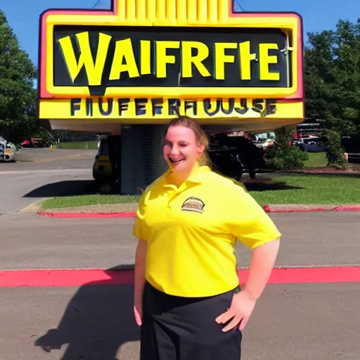 Image similar to wafflehouse employee's standing below wafflehouse sign