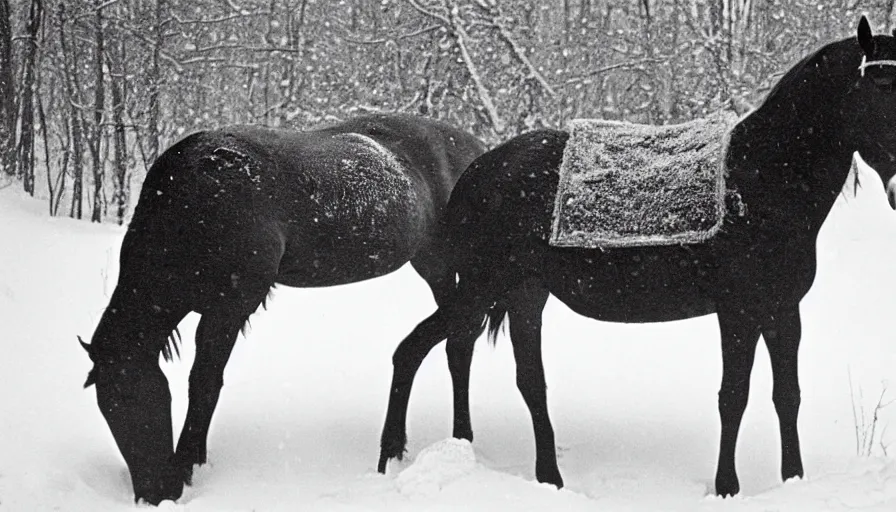 Image similar to 1 9 6 0 s movie still close up of marcus aurelius + horse frozen to death under the snow by the side of a river with gravel, pine forests, cinestill 8 0 0 t 3 5 mm b & w, high quality, heavy grain, high detail, texture, dramatic light, anamorphic, hyperrealistic, detailed hair, foggy