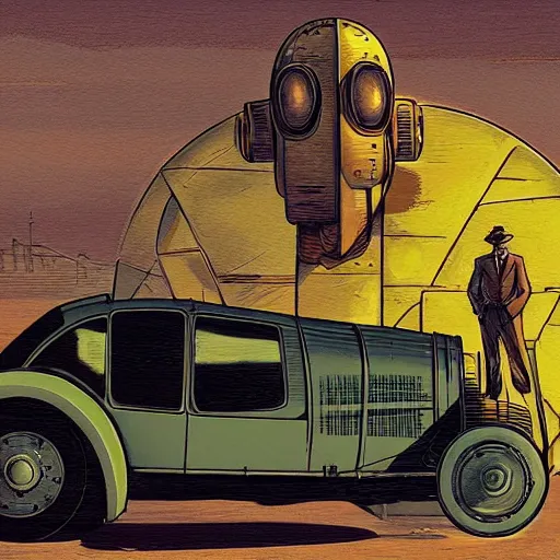 Image similar to a man standing next to a car, in desert dieselpunk style ; steampunk, jean giraud, moebius, francois schuiten, illustration, drawing, painting, face, green, yellow, red, muted, clean lines, centered face, symmetric, digital art, detailed, artstation, deviantart, hd, 8 k, 4 k