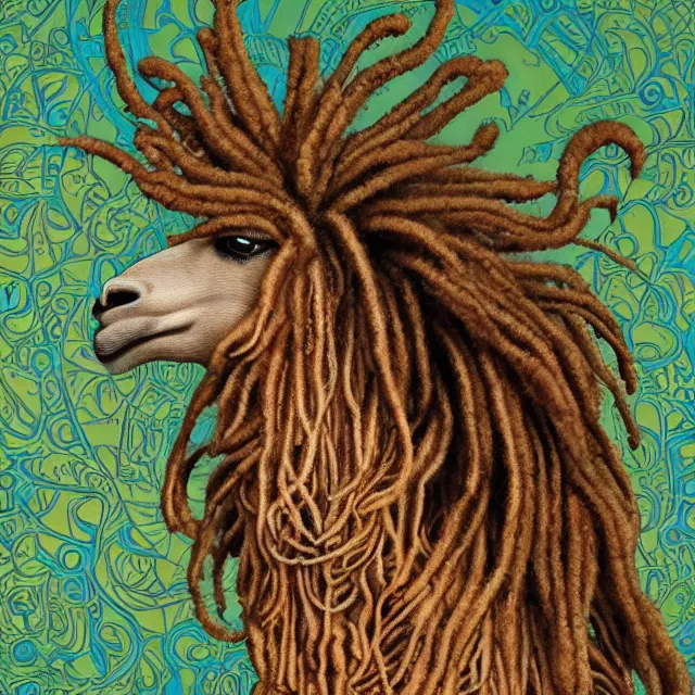 Prompt: llama with dreadlocks, detailed, by ernst haeckel, james jean, mandy jurgens, alphonse mucha, maxfield parrish