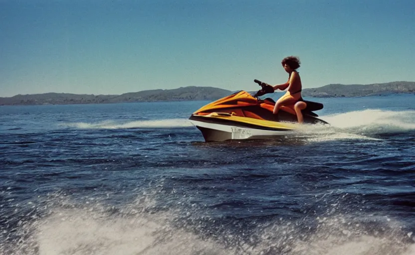 Prompt: color photo of a photomodel driving a jetski in california. 8 0's style