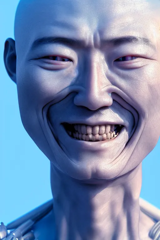 Image similar to hyperrealistic close-up translucent intricate exoskeleton!! smiling chinese man covered highly detailed concept art eric zener elson peter cinematic side soft blue light high angle hd 8k sharp shallow depth of field