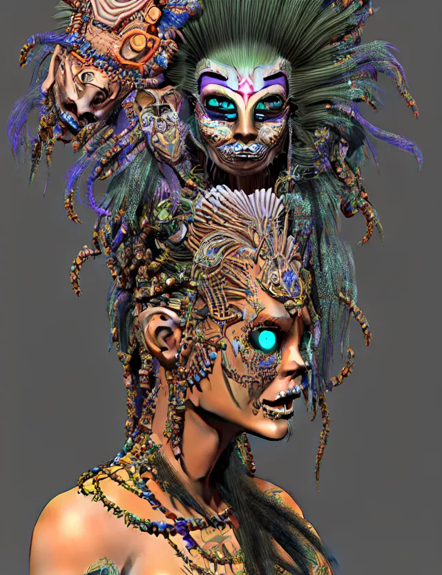 Image similar to 3 d goddess close - up profile portrait amazonian punk with mohawk with ayahuasca skull. beautiful intricately detailed ayahuasca kitsune mask and sacred amazon shaman kimono. bio - luminescent jellyfish phoenix puma, plasma, ice, water, wind, creature, artwork by tooth wu and wlop and beeple and greg rutkowski