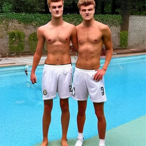 Image similar to a realistic detailed photo of a guy who is an attractive humanoid who is half robot and half humanoid, who is a male android, soccer players martin ødegaard & timo werner, shiny skin, posing like a statue, blank stare, by the pool, on display, showing off his muscles, many copies of them