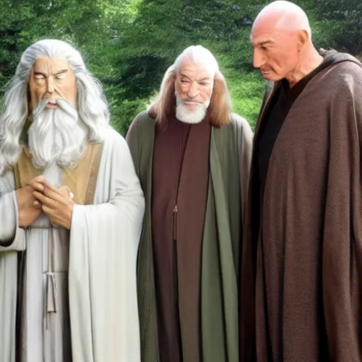 Image similar to jesus, gandalf and picard hanging out together